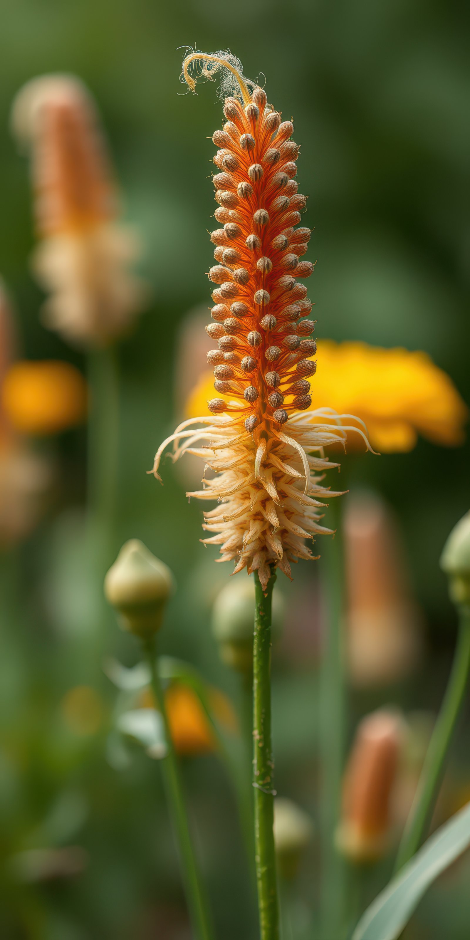 Unique orange flower blooms in a vibrant garden with green foliage during the summer season
